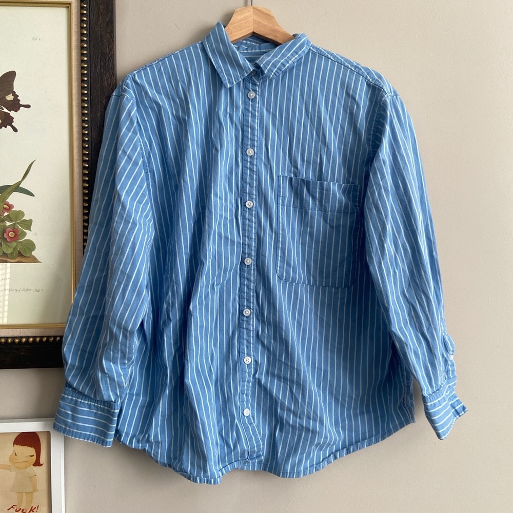 Blue and white striped cotton button down shirt